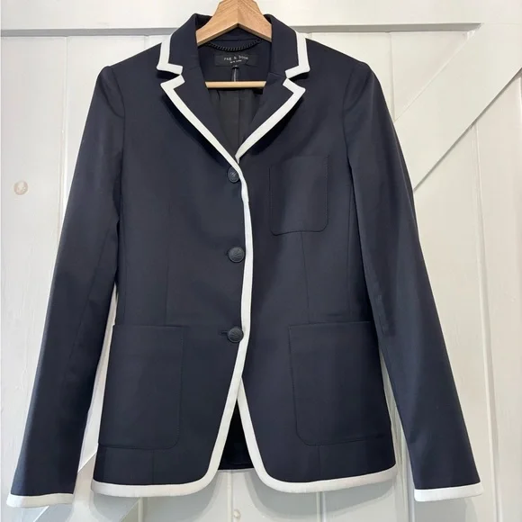 Rag & Bone Redgrave Piped Navy Wool Blend Blazer White Trim 3 Button Preppy 2 - Picture 3 of 8